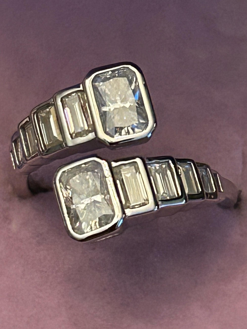 3.00CTW Moissanite Open Bypass Ring w/Baguette & Elongated Princess Cuts SSilver